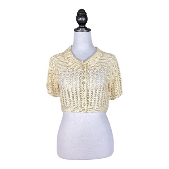 Vintage Betsey Johnson Ivory Crochet Knit Short Sleeve Cardigan Size L - Picture 2 of 8
